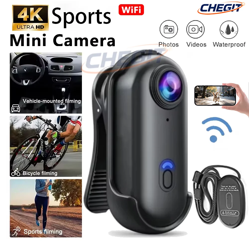 Helmet Camera 4K Wifi - Wasserdichte 4K Mini-Taschenkamera mit Magnetbefestigung, POV-Vlog-Kamera,